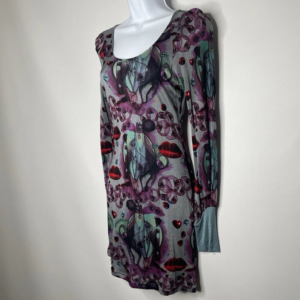 Vintage Y2K Custo Barcelona Graphic Mesh Dress Size S Gray Purple Lips Hearts - Picture 7 of 10